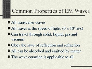 Common Properties of EM Waves All transverse waves All travel at the speed of light. (3 x 10 8  m/s) Can travel through solid, liquid, gas and vacuum Obey the laws of reflection and refraction All can be absorbed and emitted by matter The wave equation is applicable to all 