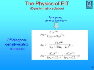 14
The Physics of EIT
(Density matrix solution)
By applying
perturbation theory
Off-diagonal
density-matrix
elements
 