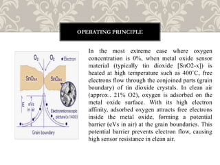 In the most extreme case where oxygen
concentration is 0%, when metal oxide sensor
material (typically tin dioxide [SnO2-x]) is
heated at high temperature such as 400˚C, free
electrons flow through the conjoined parts (grain
boundary) of tin dioxide crystals. In clean air
(approx.. 21% O2), oxygen is adsorbed on the
metal oxide surface. With its high electron
affinity, adsorbed oxygen attracts free electrons
inside the metal oxide, forming a potential
barrier (eVs in air) at the grain boundaries. This
potential barrier prevents electron flow, causing
high sensor resistance in clean air.
OPERATING PRINCIPLE
 