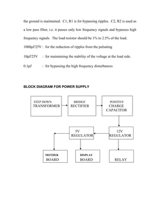 the ground is maintained. C1, R1 is for bypassing ripples. C2, R2 is used as
a low pass filter, i.e. it passes only low frequency signals and bypasses high
frequency signals. The load resistor should be 1% to 2.5% of the load.
1000µf/25V : for the reduction of ripples from the pulsating
10µf/25V : for maintaining the stability of the voltage at the load side.
0.1µf : for bypassing the high frequency disturbances
BLOCK DIAGRAM FOR POWER SUPPLY
STEP DOWN BRIDGE POSITIVE
TRANSFORMER RECTIFIER CHARGE
CAPACITOR
5V 12V
REGULATOR REGULATOR
MOTHER DISPLAY
BOARD BOARD RELAY
 