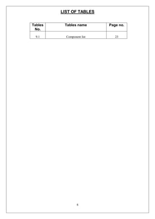 6
LIST OF TABLES
Tables
No.
Tables name Page no.
9.1 Component list 23
 
