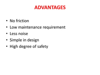ADVANTAGES
• No friction
• Low maintenance requirement
• Less noise
• Simple in design
• High degree of safety
 
