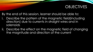 OBJECTIVES
By the end of this session, learner should be able to:
i. Describe the pattern of the magnetic field(including
direction) due to currents in straight wires and in
solenoids
ii. Describe the effect on the magnetic field of changing
the magnitude and direction of the current
 