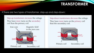 TRANSFORMER
There are two types of transformer, step-up and step-down:
 
