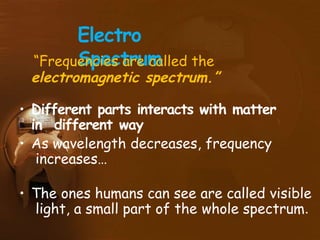Electro
Spectrum
“Frequencies are called the
electromagnetic spectrum.”
• Different parts interacts with matter
in different way
• As wavelength decreases, frequency
increases…
• The ones humans can see are called visible
light, a small part of the whole spectrum.
 