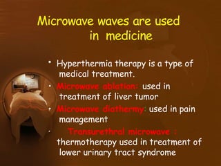 Microwave waves are used
in medicine
• Hyperthermia therapy is a type of
medical treatment.
• Microwave ablation: used in
treatment of liver tumor
• Microwave diathermy: used in pain
management
• Transurethral microwave :
thermotherapy used in treatment of
lower urinary tract syndrome
 
