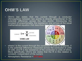 • Ohm's law states that the current through a conductor
(Atmosphere) between two points is directly proportional to the
potential difference across the two points. Introducing the
constant of proportionality, the resistance, one arrives at the usual
mathematical equation that describes this relationship:
• where I is the current through the conductor in units of amperes, V
is the potential difference measured across the conductor in units
of volts, and R is the resistance of the conductor in units of ohms.
More specifically, Ohm's law states that the R in this relation is
constant, independent of the current.
• Atmospheric Resistance = 377 ohm
 