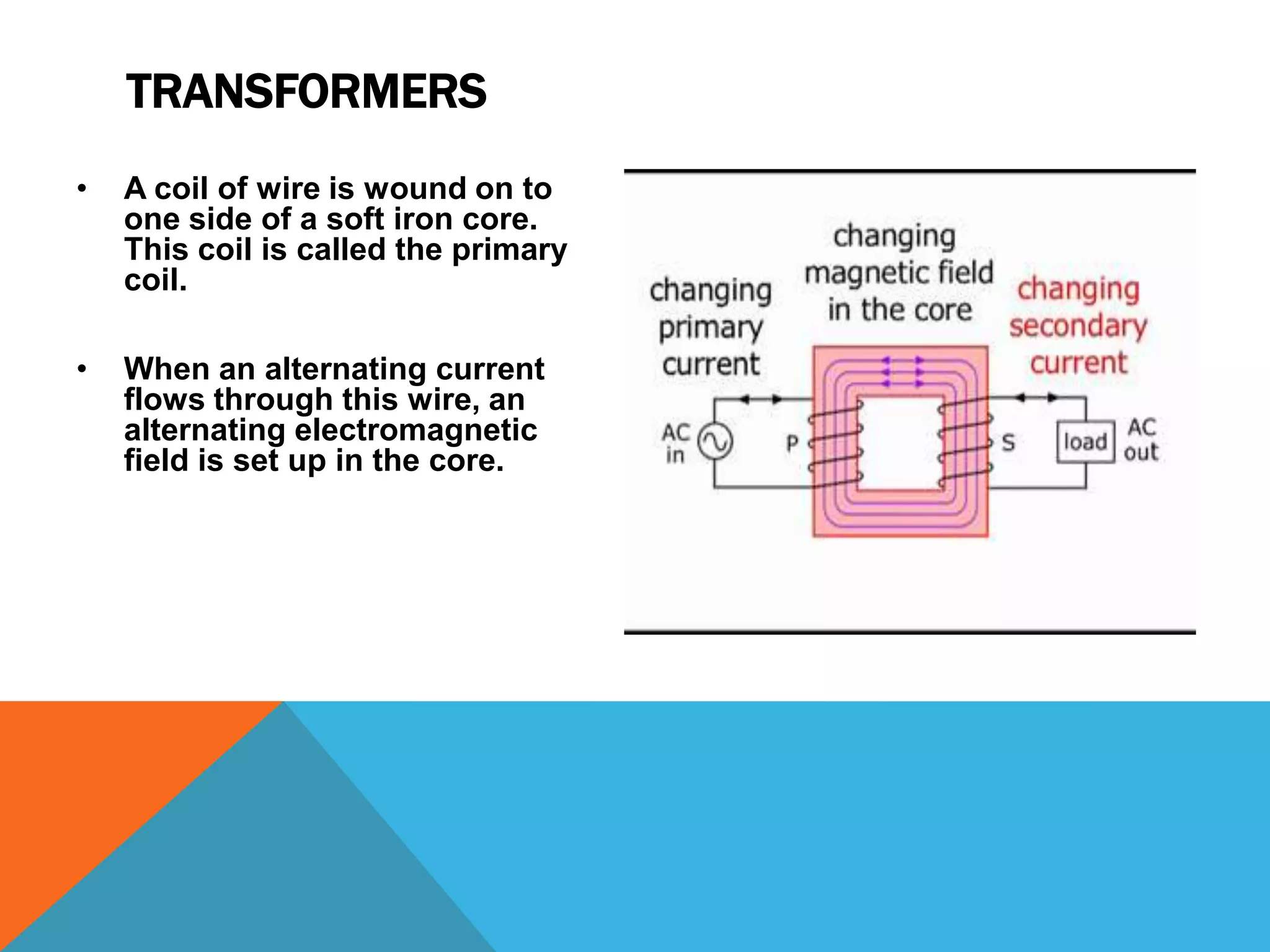 TRANSFORMERS
•   A coil of wire is wound on to
    one side of a soft iron core.
    This coil is called the primary
    coil.

•   When an alternating current
    flows through this wire, an
    alternating electromagnetic
    field is set up in the core.
 