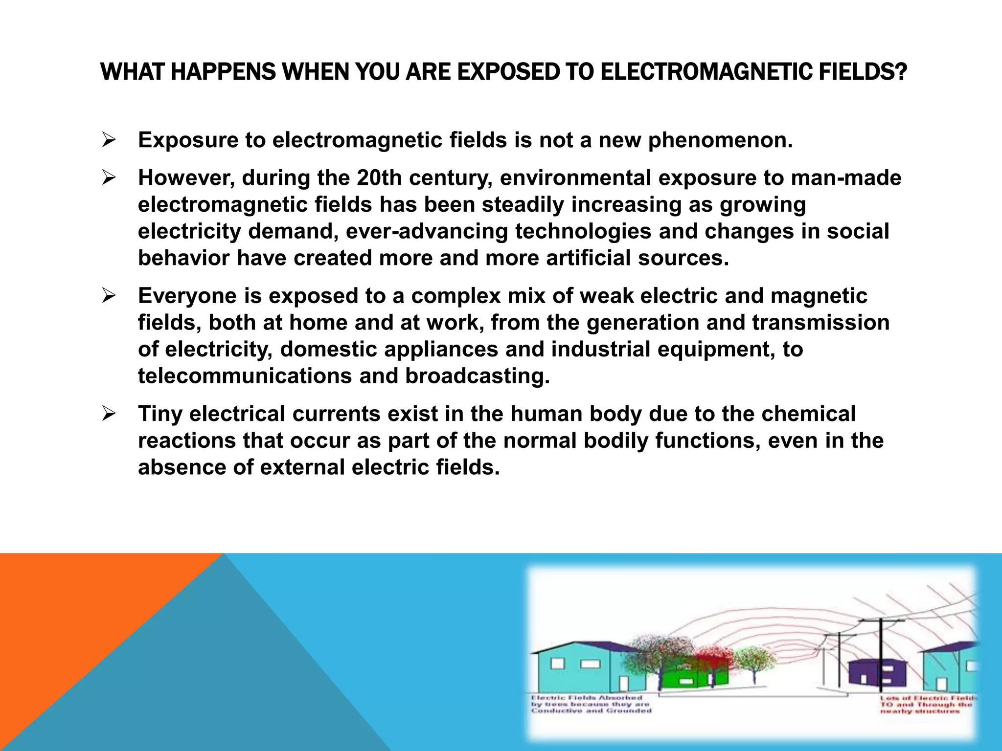 WHAT HAPPENS WHEN YOU ARE EXPOSED TO ELECTROMAGNETIC FIELDS?

 Exposure to electromagnetic fields is not a new phenomenon.
 However, during the 20th century, environmental exposure to man-made
  electromagnetic fields has been steadily increasing as growing
  electricity demand, ever-advancing technologies and changes in social
  behavior have created more and more artificial sources.
 Everyone is exposed to a complex mix of weak electric and magnetic
  fields, both at home and at work, from the generation and transmission
  of electricity, domestic appliances and industrial equipment, to
  telecommunications and broadcasting.
 Tiny electrical currents exist in the human body due to the chemical
  reactions that occur as part of the normal bodily functions, even in the
  absence of external electric fields.
 