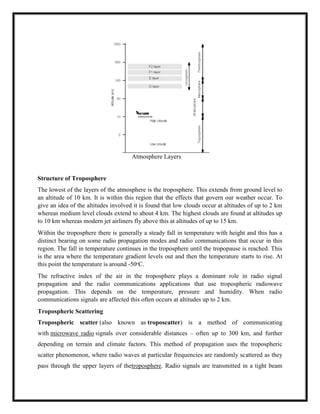 Atmosphere Layers
Structure of Troposphere
The lowest of the layers of the atmosphere is the troposphere. This extends from ground level to
an altitude of 10 km. It is within this region that the effects that govern our weather occur. To
give an idea of the altitudes involved it is found that low clouds occur at altitudes of up to 2 km
whereas medium level clouds extend to about 4 km. The highest clouds are found at altitudes up
to 10 km whereas modern jet airliners fly above this at altitudes of up to 15 km.
Within the troposphere there is generally a steady fall in temperature with height and this has a
distinct bearing on some radio propagation modes and radio communications that occur in this
region. The fall in temperature continues in the troposphere until the tropopause is reached. This
is the area where the temperature gradient levels out and then the temperature starts to rise. At
this point the temperature is around -50ᵒC.
The refractive index of the air in the troposphere plays a dominant role in radio signal
propagation and the radio communications applications that use tropospheric radiowave
propagation. This depends on the temperature, pressure and humidity. When radio
communications signals are affected this often occurs at altitudes up to 2 km.
Tropospheric Scattering
Tropospheric scatter (also known as troposcatter) is a method of communicating
with microwave radio signals over considerable distances – often up to 300 km, and further
depending on terrain and climate factors. This method of propagation uses the tropospheric
scatter phenomenon, where radio waves at particular frequencies are randomly scattered as they
pass through the upper layers of thetroposphere. Radio signals are transmitted in a tight beam
 