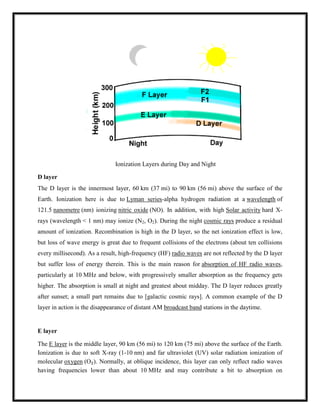 Ionization Layers during Day and Night
D layer
The D layer is the innermost layer, 60 km (37 mi) to 90 km (56 mi) above the surface of the
Earth. Ionization here is due to Lyman series-alpha hydrogen radiation at a wavelength of
121.5 nanometre (nm) ionizing nitric oxide (NO). In addition, with high Solar activity hard X-
rays (wavelength < 1 nm) may ionize (N2, O2). During the night cosmic rays produce a residual
amount of ionization. Recombination is high in the D layer, so the net ionization effect is low,
but loss of wave energy is great due to frequent collisions of the electrons (about ten collisions
every millisecond). As a result, high-frequency (HF) radio waves are not reflected by the D layer
but suffer loss of energy therein. This is the main reason for absorption of HF radio waves,
particularly at 10 MHz and below, with progressively smaller absorption as the frequency gets
higher. The absorption is small at night and greatest about midday. The D layer reduces greatly
after sunset; a small part remains due to [galactic cosmic rays]. A common example of the D
layer in action is the disappearance of distant AM broadcast band stations in the daytime.
E layer
The E layer is the middle layer, 90 km (56 mi) to 120 km (75 mi) above the surface of the Earth.
Ionization is due to soft X-ray (1-10 nm) and far ultraviolet (UV) solar radiation ionization of
molecular oxygen (O₂). Normally, at oblique incidence, this layer can only reflect radio waves
having frequencies lower than about 10 MHz and may contribute a bit to absorption on
 