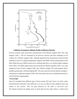A Martian Ionospheric Altitude Profile of Electron Density
Previous missions made inconclusive measurements of the Martian magnetic field. The weak
magnetic field (< 100 nT) measured by the previous missions had been interpreted as the
evidence for a Martian magnetic field , although argued that the measurements could be better
explained in terms of a draped interplanetary magnetic field (IMF). Recent measurements by the
Mars Global Surveyor (MGS) mission have confirmed that there is no intrinsic dipole magnetic
field in Mars. The MGS magnetometer discovered that the Martian magnetic field is very weak
compared to that of Earth‘s magnetic field, only 1/800 the strength. The weak magnetic field is
probably generated by a diffused draping IMF. The solar wind rams into the Martian ionosphere
and generates complicated magnetic fields. Thus, this region may have a complicated interaction
with the Martian magnetosphere.
Virtual height
Since the ionosphere have different types of layers namely D,E and F layers. So when a pulse
transmitted from transmitter it get deflected or we can say reflect by these different layers and
reaches to the receiver. Thus the path followed by the pulse is the Actual path.
The distance between the highest point of actual path and the earth surface is called Actual
 