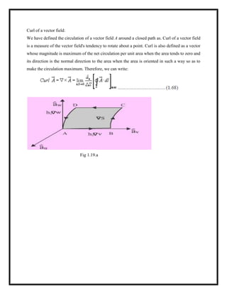 Curl of a vector field:
We have defined the circulation of a vector field A around a closed path as. Curl of a vector field
is a measure of the vector field's tendency to rotate about a point. Curl is also defined as a vector
whose magnitude is maximum of the net circulation per unit area when the area tends to zero and
its direction is the normal direction to the area when the area is oriented in such a way so as to
make the circulation maximum. Therefore, we can write:
Fig 1.19.a
 