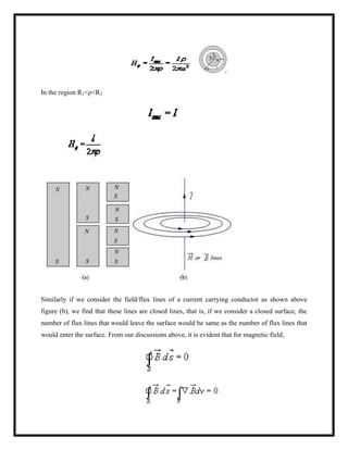 In the region R1<ρ<R2
Similarly if we consider the field/flux lines of a current carrying conductor as shown above
figure (b), we find that these lines are closed lines, that is, if we consider a closed surface, the
number of flux lines that would leave the surface would be same as the number of flux lines that
would enter the surface. From our discussions above, it is evident that for magnetic field,
 