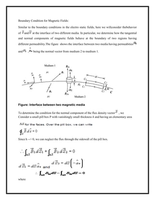 Boundary Condition for Magnetic Fields:
Similar to the boundary conditions in the electro static fields, here we willconsider thebehavior
of and at the interface of two different media. In particular, we determine how the tangential
and normal components of magnetic fields behave at the boundary of two regions having
different permeability.The figure shows the interface between two media having permeabities
and , being the normal vector from medium 2 to medium 1.
Figure: Interface between two magnetic media
To determine the condition for the normal component of the flux density vector , we
Consider a small pill box P with vanishingly small thickness h and having an elementary area
Since h --> 0, we can neglect the flux through the sidewall of the pill box.
where
 