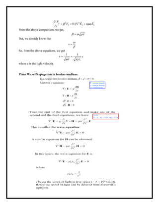 2
2 2
2
0S
S S S
F
F E E
x
 

   

 

From the above comparison, we get,
  
But, we already knew that
v



So, from the above equations, we get
1 1
r r
v c
  
 
where c is the light velocity.
Plane Wave Propagation in lossless medium:
 