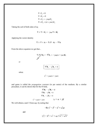 0
0
( )
S
S
S S
S S
E
H
E j H
H j E

 
 
 
  
  
Taking the curl of both sides of eq
Applying the vector identity
From the above equation we get that...
and gama is called the propagation constant (in per meter) of the medium. By a similar
procedure, it can be shown that for the H field,
We will obtain a and /3 from eqs. by noting that
 