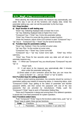 13
6666.2.2.2.2 L_MagB_4L_MagB_4L_MagB_4L_MagB_4 keykeykeykey parameters and setting
When electrify, the instrument comes into measure way automatically, and
under this way it can do all the functions and display data. Under the
parameter setting way, user can set the parameter by the four keys.
5.2.15.2.15.2.15.2.1 KeysKeysKeysKeys functionfunctionfunctionfunction
a)a)a)a) KeysKeysKeysKeys’’’’ functionfunctionfunctionfunction inininin self-self-self-self- testingtestingtestingtesting waywaywayway
“Down” key: Selecting displayed data on lower line in turn;
“Up” key: Selecting displayed data on higher line in turn;
“Compound” key + “Enter” key: Come into parameter setting
“Enter” key: Press it to come into the picture of select function.
Under the measure, adjust of the LCD contract is used “Compound” key +
“Up” key or “Compound” key + “Down” key for several seconds;
b)b)b)b) FunctionFunctionFunctionFunction keyskeyskeyskeys forforforfor parametersparametersparametersparameters settingsettingsettingsetting
“Down” key: Subtract 1 from the number at cursor area;
“Up” key: Plus 1 to the number at cursor area;
“Compound” key + “Down” key: Cursor turns left;
“Compound” key + “Up” key: Cursor turns right; “Enter” key: In/Out
submenu;
“Enter” key: Press for two seconds under any state and will return to
automate measure way.
Note: （1）When use “Compound” key, you should press “Compound” key and
“Up” or
“Down” both;
（2） It will return to the measure way automatically after 3 minutes
when under the parameter setting way;
(3) Direct select of zero correction about the flow, you can move the
cursor to the left + or - , and use “Down” or “Up” to switch;
6666.2.2.2.2.2.2.2.2 FunctionFunctionFunctionFunction keyskeyskeyskeys forforforfor settingsettingsettingsetting parametersparametersparametersparameters
To set or correct working parameters, the converter should be running in
parameters setting way instead of measuring status. In measuring status, push
“Compound”+“Enter” keys getting to the select of parameter and transfer
password (0000), and then correct the password with one of the new
passwords that are provided by manufacturer. Finally, push the
“Compound”+“Enter” keys to work in Parameters Setting Way.
There are 6 Passwords in design and among them 4 for deferent operators
in secret and 2 are fixed passwords for system operation.
6666.2.3..2.3..2.3..2.3. FunctionsFunctionsFunctionsFunctions selectselectselectselect menumenumenumenu
Push “Compound”+“Enter” keys to the functions select menu, push “Up” or
“Down” keys to select, there are two functions:
CodeCodeCodeCode Functions Notes
1 Parameters Select this function; It can enter the
 