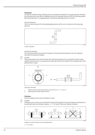 Proline Promag 10H
10 Endress+Hauser
Orientation
An optimum orientation helps avoid gas and air accumulations and deposits in the measuring tube. However,
the measuring device also offers the additional function of empty pipe detection (EPD) for detecting partially
filled measuring tubes or if outgassing fluids or fluctuating operating pressures are present.
Vertical orientation
This is the ideal orientation for self-emptying piping systems and for use in conjunction with empty pipe
detection.
A0008158
Vertical orientation
Horizontal orientation
The measuring electrode axis should be horizontal. This prevents brief insulation of the two measuring
electrodes by entrained air bubbles.
" Caution!
Empty pipe detection only works correctly with horizontal orientation if the transmitter housing is facing
upwards. Otherwise there is no guarantee that empty pipe detection will respond if the measuring tube is only
partially filled or empty.
A0005593
Horizontal orientation
1 EPD electrode for empty pipe detection (not for DN 2 to 15 / 1/12 to ½")
2 Measuring electrodes for signal detection
Vibrations
Secure the piping and the sensor if vibration is severe.
" Caution!
If vibrations are too severe, we recommend the sensor and transmitter be mounted separately. Information on
the permitted shock and vibration resistance → ä 13, Section "Shock and vibration resistance".
A0003208
Measures to prevent vibration of the measuring device
L > 10 m (33 ft)
A
1
2 2
A
L
 