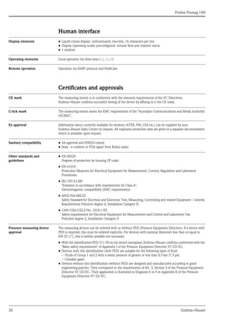 Proline Promag 10H
34 Endress+Hauser
Human interface
Display elements • Liquid crystal display: unilluminated, two-line, 16 characters per line
• Display (operating mode) preconfigured: volume flow and totalizer status
• 1 totalizer
Operating elements Local operation via three keys (S, O, F)
Remote operation Operation via HART protocol and FieldCare
Certificates and approvals
CE mark The measuring system is in conformity with the statutory requirements of the EC Directives.
Endress+Hauser confirms successful testing of the device by affixing to it the CE mark.
C-tick mark The measuring system meets the EMC requirements of the "Australian Communications and Media Authority
(ACMA)".
Ex approval Information about currently available Ex versions (ATEX, FM, CSA etc.) can be supplied by your
Endress+Hauser Sales Center on request. All explosion protection data are given in a separate documentation
which is available upon request.
Sanitary compatibility • 3A approval and EHEDG-tested
• Seals → conform to FDA (apart from Kalrez seals)
Other standards and
guidelines
• EN 60529
Degrees of protection by housing (IP code)
• EN 61010
Protection Measures for Electrical Equipment for Measurement, Control, Regulation and Laboratory
Procedures.
• IEC/EN 61326
"Emission in accordance with requirements for Class A".
Electromagnetic compatibility (EMC requirements)
• ANSI/ISA-S82.01
Safety Standard for Electrical and Electronic Test, Measuring, Controlling and related Equipment - General
Requirements Pollution degree 2, Installation Category II.
• CAN/CSA-C22.2 No. 1010.1-92
Safety requirements for Electrical Equipment for Measurement and Control and Laboratory Use.
Pollution degree 2, Installation Category II
Pressure measuring device
approval
The measuring devices can be ordered with or without PED (Pressure Equipment Directive). If a device with
PED is required, this must be ordered explicitly. For devices with nominal diameters less than or equal to
DN 25 (1"), this is neither possible nor necessary.
• With the identification PED/G1/III on the sensor nameplate, Endress+Hauser confirms conformity with the
"Basic safety requirements" of Appendix I of the Pressure Equipment Directive 97/23/EC.
• Devices with this identification (with PED) are suitable for the following types of fluid:
– Fluids of Group 1 and 2 with a steam pressure of greater or less than 0.5 bar (7.3 psi)
– Unstable gases
• Devices without this identification (without PED) are designed and manufactured according to good
engineering practice. They correspond to the requirements of Art. 3, Section 3 of the Pressure Equipment
Directive 97/23/EC. Their application is illustrated in Diagrams 6 to 9 in Appendix II of the Pressure
Equipment Directive 97/23/EC.
 