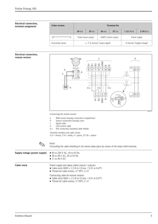 Proline Promag 10H
Endress+Hauser 5
Electrical connection,
terminal assignment
Electrical connection,
remote version
A0012477
Connecting the remote version
a Wall-mount housing connection compartment
b Sensor connection housing cover
c Signal cable
d Coil current cable
n.c. Not connected, insulated cable shields
Terminal numbers and cable colors:
5/6 = brown, 7/8 = white, 4 = green, 37/36 = yellow
! Note!
Grounding the cable shielding in the sensor takes place by means of the strain relief terminal.
Supply voltage (power supply) • 85 to 250 V AC, 45 to 65 Hz
• 20 to 28 V AC, 45 to 65 Hz
• 11 to 40 V DC
Cable entry Power supply and signal cables (inputs/ outputs):
• Cable entry M20 × 1.5 (8 to 12 mm / 0.31 to 0.47")
• Thread for cable entries, ½" NPT, G ½"
Connecting cable for remote version:
• Cable entry M20 × 1.5 (8 to 12 mm / 0.31 to 0.47")
• Thread for cable entries, ½" NPT, G ½"
Order version Terminal No.
24 (+) 25 (–) 26 (+) 27 (–) 1 (L1/L+) 2 (N/L–)
10***-***********A Pulse/status output HART current output Power supply
Functional values → ä 4, Section "output signal" È Section "Supply voltage"
E1
E2
GND
E
S1
E1
E2
S2
GND
E
S
5 7 4 37 42 41
42 416 5 7 8 4 37 36
n.c. n.c.
dc
n.c.b
a
d
c
 