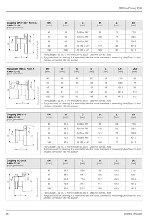 PROline Promag 23 H
26 Endress+Hauser
Coupling DIN 11864-1 Form A
1.4404 / 316L
5*H**-3***********
DN
[mm]
di
[mm]
G
[mm]
D
[mm]
L
[mm]
LK
[mm]
40 38 Rd 65 x 1/6" 92 71 71.0
50 50 Rd 78 x 1/6" 105 71 83.5
65 66 Rd 95 x 1/6" 121 76 100.0
80 81 Rd 110 x 1/4" 147 82 121.0
100 100 Rd 130 x 1/4" 168 90 141.5
– Fitting length = (2 x L) + 140 mm (DN 40...65) / + 200 mm (DN 80...100)
– If pigs are used for cleaning, it is essential to take the inside diameters of measuring tube (Page 15) and
process connection (di) into account.
F06-xxHxxxxx-06-09-07-xx-006
Flange DIN 11864-2 Form A
1.4404 / 316L
5*H**-4***********
DN
[mm]
di
[mm]
G
[mm]
D
[mm]
L
[mm]
LK1
[mm]
LK2
[mm]
40 38 82 92 64 71.0 65
50 50 94 105 64 83.5 77
65 66 113 121 64 100.0 95
80 81 133 147 98 121.0 112
100 100 159 168 98 141.5 137
– Fitting length = (2 x L) + 140 mm (DN 40...65) / + 200 mm (DN 80...100)
– If pigs are used for cleaning, it is essential to take the inside diameters of measuring tube (Page 15) and
process connection (di) into account.
F06-xxHxxxxx-06-09-07-xx-007
Coupling SMS 1145
1.4404 / 316L
5*H**-5***********
DN
[mm]
di
[mm]
G
[mm]
D
[mm]
L
[mm]
LK
[mm]
40 35.5 Rd 60 x 1/6" 92 63 71.0
50 48.5 Rd 70 x 1/6" 105 65 83.5
65 60.5 Rd 85 x 1/6" 121 70 100.0
80 72.0 Rd 98 x 1/6" 147 75 121.0
100 97.6 Rd 132 x 1/6" 168 70 141.5
– Fitting length = (2 x L) + 140 mm (DN 40...65) / + 200 mm (DN 80...100)
– If pigs are used for cleaning, it is essential to take the inside diameters of measuring tube (Page 15) and
process connection (di) into account.
F06-xxHxxxxx-06-09-07-xx-000
Coupling ISO 2853
1.4404 / 316L
5*H**-6***********
DN
[mm]
di
[mm]
G
[mm]
D
[mm]
L
[mm]
LK
[mm]
40 35.6 50.6 92 61.5 71.0
50 48.6 64.1 105 61.5 83.5
65 60.3 77.6 121 61.5 100.0
80 72.9 91.1 147 61.5 121.0
100 97.6 118.1 168 61.5 141.5
– Fitting length = (2 x L) + 140 mm (DN 40...65) / + 200 mm (DN 80...100)
– If pigs are used for cleaning, it is essential to take the inside diameters of measuring tube (Page 15) and
process connection (di) into account.
F06-xxHxxxxx-06-09-07-xx-003
 