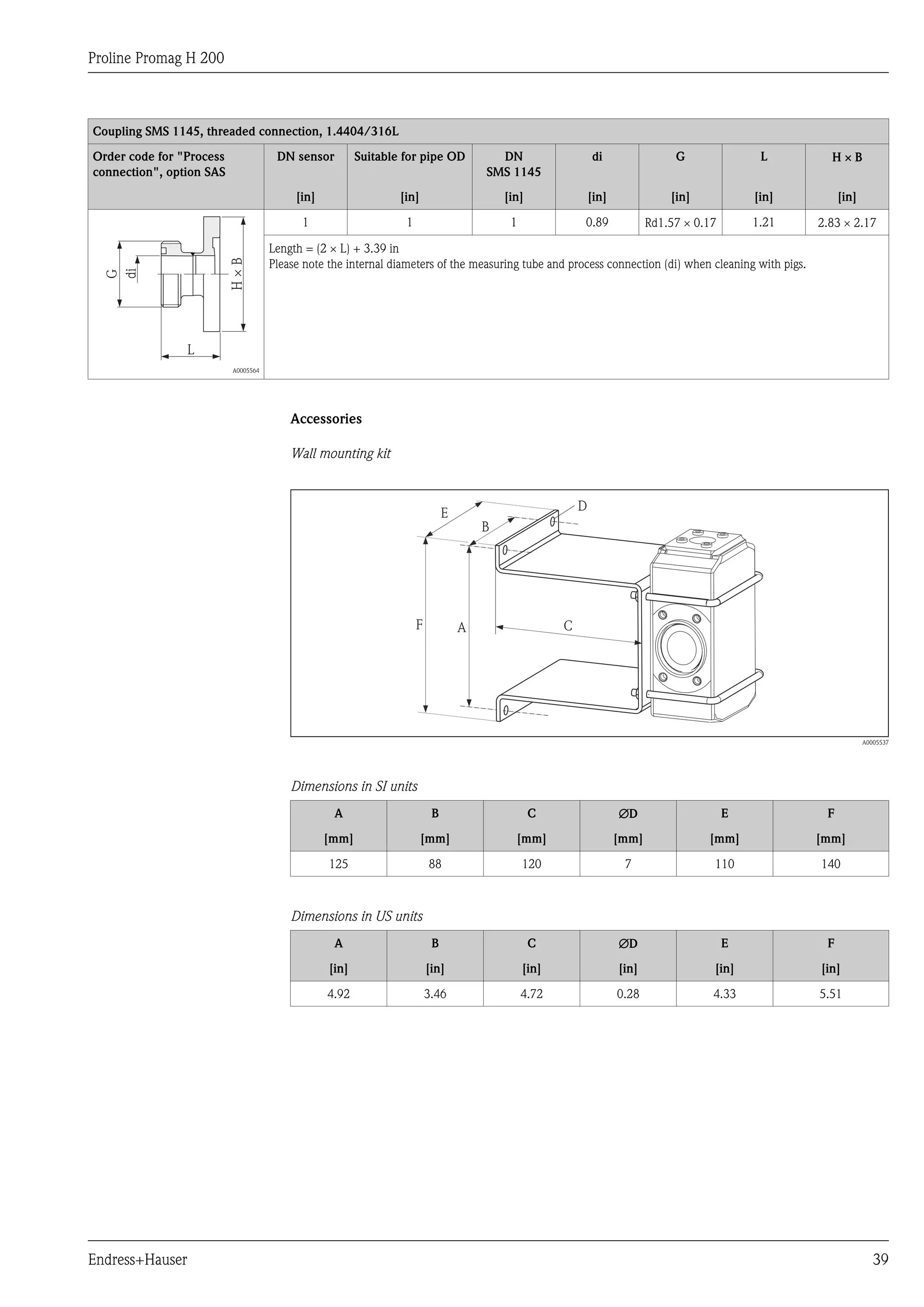 Proline Promag H 200
Endress+Hauser 39
Coupling SMS 1145, threaded connection, 1.4404/316L
Order code for "Process
connection", option SAS
DN sensor Suitable for pipe OD DN
SMS 1145
di G L H ´ B
[in] [in] [in] [in] [in] [in] [in]
G
di
L
H×B
A0005564
1 1 1 0.89 Rd1.57 ´ 0.17 1.21 2.83 ´ 2.17
Length = (2 ´ L) + 3.39 in
Please note the internal diameters of the measuring tube and process connection (di) when cleaning with pigs.
Accessories
Wall mounting kit
A
B
D
CF
E
A0005537
Dimensions in SI units
A B C ÆD E F
[mm] [mm] [mm] [mm] [mm] [mm]
125 88 120 7 110 140
Dimensions in US units
A B C ÆD E F
[in] [in] [in] [in] [in] [in]
4.92 3.46 4.72 0.28 4.33 5.51
 