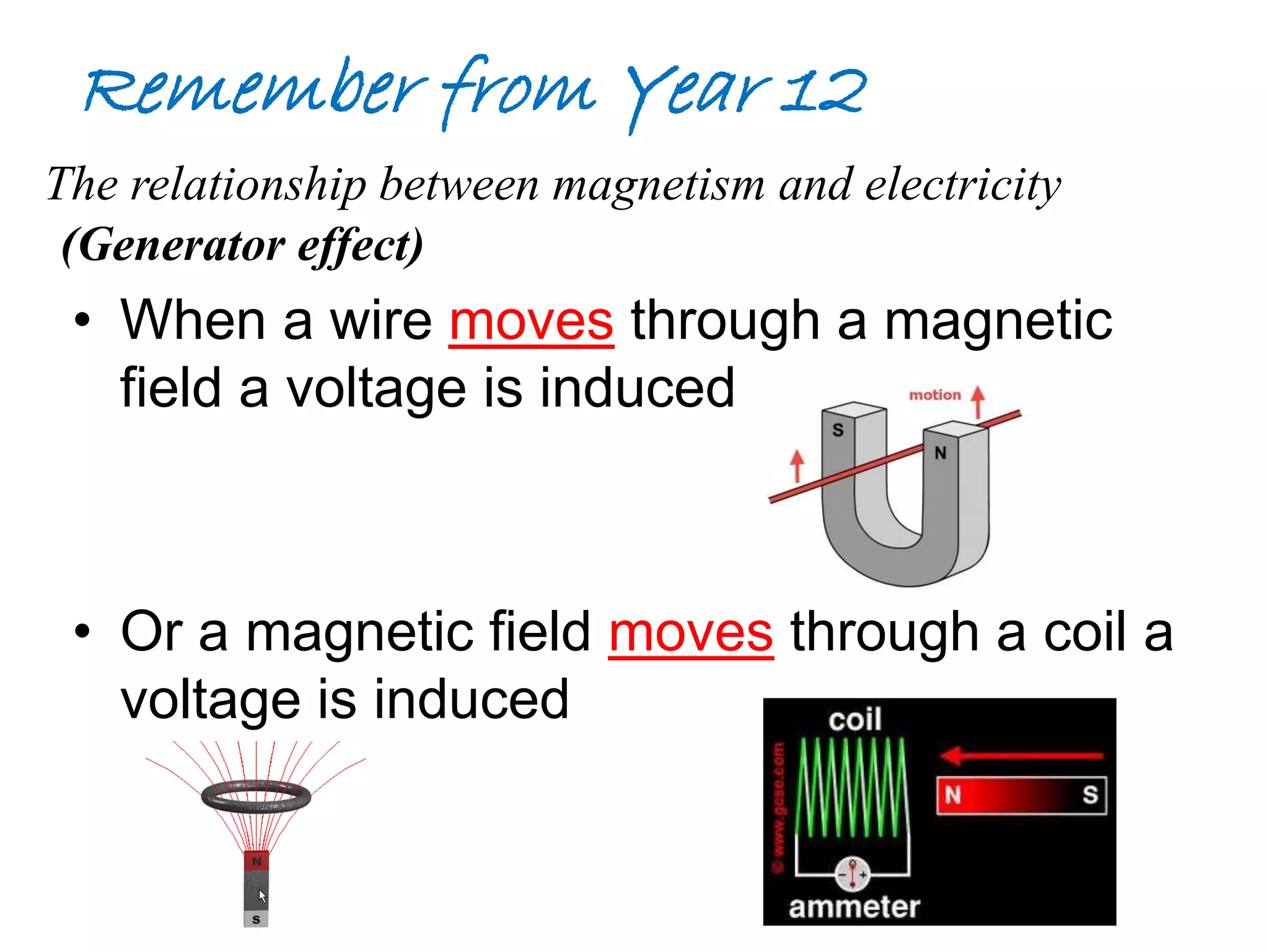 Remember from Year 12 
The relationship between magnetism and electricity 
(Generator effect) 
• When a wire moves through a magnetic 
field a voltage is induced 
• Or a magnetic field moves through a coil a 
voltage is induced 
 