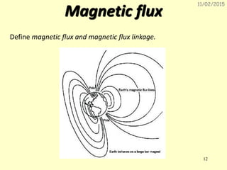 Magnetic flux
11/02/2015
12
Define magnetic flux and magnetic flux linkage.
 
