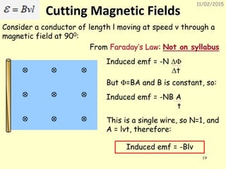 11/02/2015
19
Cutting Magnetic Fields
Consider a conductor of length l moving at speed v through a
magnetic field at 900:
From Faraday’s Law: Not on syllabus
Induced emf = -N ΔΦ
Δt
But Φ=BA and B is constant, so:
Induced emf = -NB A
t
This is a single wire, so N=1, and
A = lvt, therefore:
Induced emf = -Blv
 