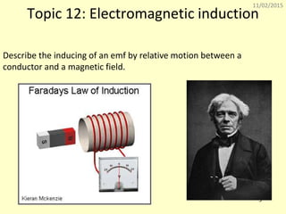 11/02/2015
3
Topic 12: Electromagnetic induction
Describe the inducing of an emf by relative motion between a
conductor and a magnetic field.
 