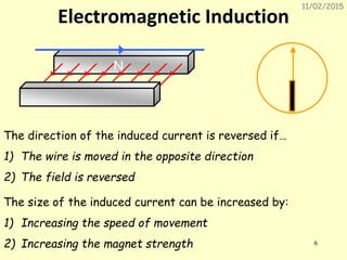 11/02/2015
6
Electromagnetic Induction
N
The direction of the induced current is reversed if…
1) The wire is moved in the opposite direction
2) The field is reversed
The size of the induced current can be increased by:
1) Increasing the speed of movement
2) Increasing the magnet strength
 