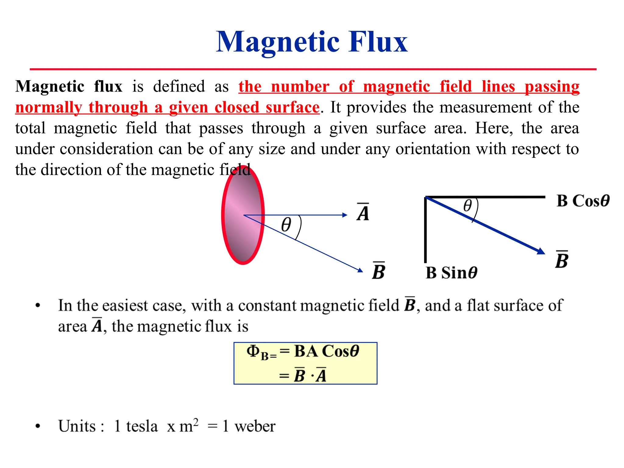Magnetic Flux
Magnetic flux is defined as the number of magnetic field lines passing
normally through a given closed surface. It provides the measurement of the
total magnetic field that passes through a given surface area. Here, the area
under consideration can be of any size and under any orientation with respect to
the direction of the magnetic field
 