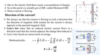  Due to the electric field there create a accumulation of charges.
 So at this point we actually get a EMF; called Motional EMF.
 Hence current is flowing.
Direction of the current!
 We always see that the current is flowing in such a direction that
the direction of magnetic field created for the current is always
opposite to the parental magnetic field.
 Lenz’s law states that an induced electric current flows in a
direction such that the current opposes the change that induced it.
 Lenz’s law based on conservation of energy.
Mathematically- 𝜀 = 𝐸. 𝑑𝑙 = −
𝑑
𝑑𝑡
𝐵. 𝑑𝑆 = −
𝑑𝜙
𝑑𝑡
𝜵 × 𝑬 =
𝝏𝑩
𝝏𝒕
 