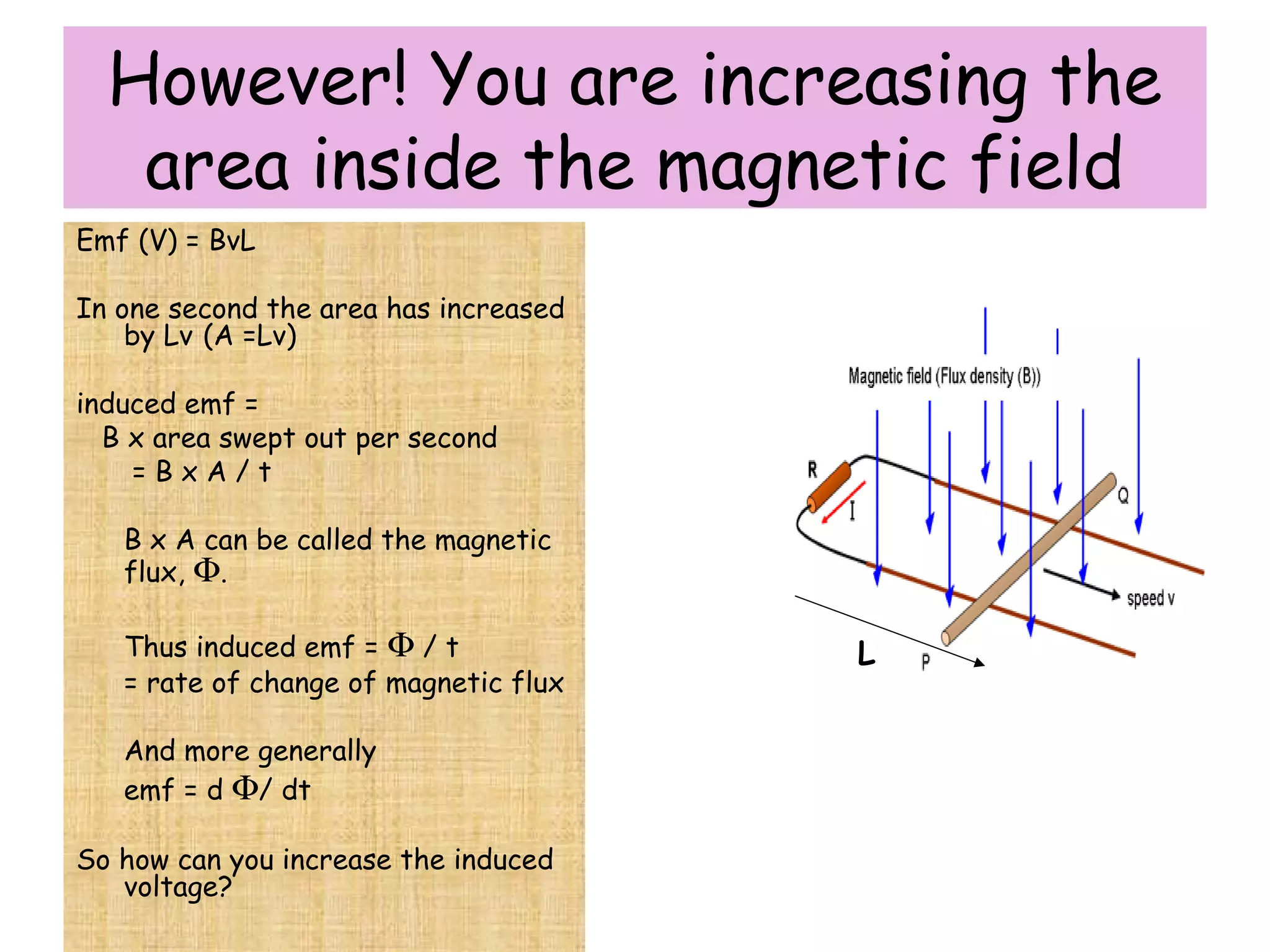 However! You are increasing the
area inside the magnetic field
Emf (V) = BvL
In one second the area has increased
by Lv (A =Lv)
induced emf =
B x area swept out per second
= B x A / t
B x A can be called the magnetic
flux, Φ.
Thus induced emf = Φ / t
= rate of change of magnetic flux
And more generally
emf = d Φ/ dt
So how can you increase the induced
voltage?
L
 