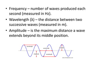 • Frequency – number of waves produced each 
second (measured in Hz). 
• Wavelength (λ) – the distance between two 
successive waves (measured in m). 
• Amplitude – is the maximum distance a wave 
extends beyond its middle position. 
www.schoolphysics.co.uk 
 