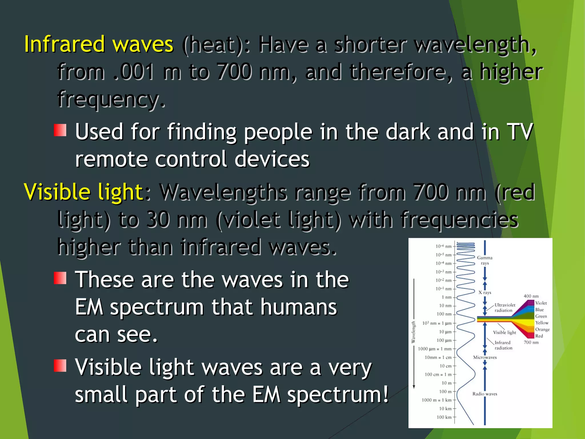 Infrared wavesInfrared waves (heat): Have a shorter wavelength,(heat): Have a shorter wavelength,
from .001 m to 700 nm, and therefore, a higherfrom .001 m to 700 nm, and therefore, a higher
frequency.frequency.
Used for finding people in the dark and in TVUsed for finding people in the dark and in TV
remote control devicesremote control devices
Visible lightVisible light: Wavelengths range from 700 nm (red: Wavelengths range from 700 nm (red
light) to 30 nm (violet light) with frequencieslight) to 30 nm (violet light) with frequencies
higher than infrared waves.higher than infrared waves.
These are the waves in theThese are the waves in the
EM spectrum that humansEM spectrum that humans
can see.can see.
Visible light waves are a veryVisible light waves are a very
small part of the EM spectrum!small part of the EM spectrum!
 