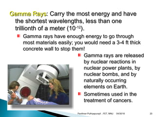 Gamma RaysGamma Rays: Carry the most energy and have: Carry the most energy and have
the shortest wavelengths, less than onethe shortest wavelengths, less than one
trillionth of a meter (10trillionth of a meter (10-12-12
).).
Gamma rays have enough energy to go throughGamma rays have enough energy to go through
most materials easily; you would need a 3-4 ft thickmost materials easily; you would need a 3-4 ft thick
concrete wall to stop them!concrete wall to stop them!
Gamma rays are releasedGamma rays are released
by nuclear reactions inby nuclear reactions in
nuclear power plants, bynuclear power plants, by
nuclear bombs, and bynuclear bombs, and by
naturally occurringnaturally occurring
elements on Earth.elements on Earth.
Sometimes used in theSometimes used in the
treatment of cancers.treatment of cancers.
04/30/18Pavithran Puthiyapurayil , FET, MNU 20
 