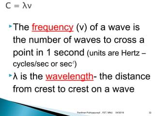 The frequency (v) of a wave is
the number of waves to cross a
point in 1 second (units are Hertz –
cycles/sec or sec-1
)
λ is the wavelength- the distance
from crest to crest on a wave
04/30/18Pavithran Puthiyapurayil , FET, MNU 32
 