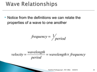  Notice from the definitions we can relate the
properties of a wave to one another
period
frequency 1=
frequencywavelength
period
wavelength
velocity ×==
04/30/18Pavithran Puthiyapurayil , FET, MNU 34
 