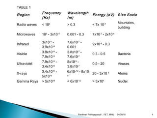 TABLE 1
Region
Frequency
(Hz)
Wavelength
(m)
Energy (eV) Size Scale
Radio waves < 109
> 0.3 < 7x 10-7 Mountains,
building
Microwaves 109
 - 3x1011
0.001 - 0.3 7x10-7
 - 2x10-4
 
Infrared
3x1011
 -
3.9x1014
7.6x10-7
 -
0.001
2x10-4
 - 0.3  
Visible
3.9x1014
 -
7.9x1014
3.8x10-7
 -
7.6x10-7
0.3 - 0.5 Bacteria
Ultraviolet
7.9x1014
 -
3.4x1016
8x10-9
 -
3.8x10-7
0.5 - 20 Viruses
X-rays
3.4x1016
 -
5x1019
6x10-12
 - 8x10-
9
20 - 3x10 4
Atoms
Gamma Rays > 5x1019
< 6x10-12
> 3x104
Nuclei
04/30/18Pavithran Puthiyapurayil , FET, MNU 4
 