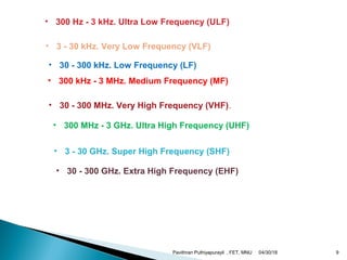 • 300 Hz - 3 kHz. Ultra Low Frequency (ULF)
• 3 - 30 kHz. Very Low Frequency (VLF)
• 30 - 300 kHz. Low Frequency (LF)
• 300 kHz - 3 MHz. Medium Frequency (MF)
• 30 - 300 MHz. Very High Frequency (VHF).
• 300 MHz - 3 GHz. Ultra High Frequency (UHF)
• 3 - 30 GHz. Super High Frequency (SHF)
• 30 - 300 GHz. Extra High Frequency (EHF)
04/30/18Pavithran Puthiyapurayil , FET, MNU 9
 