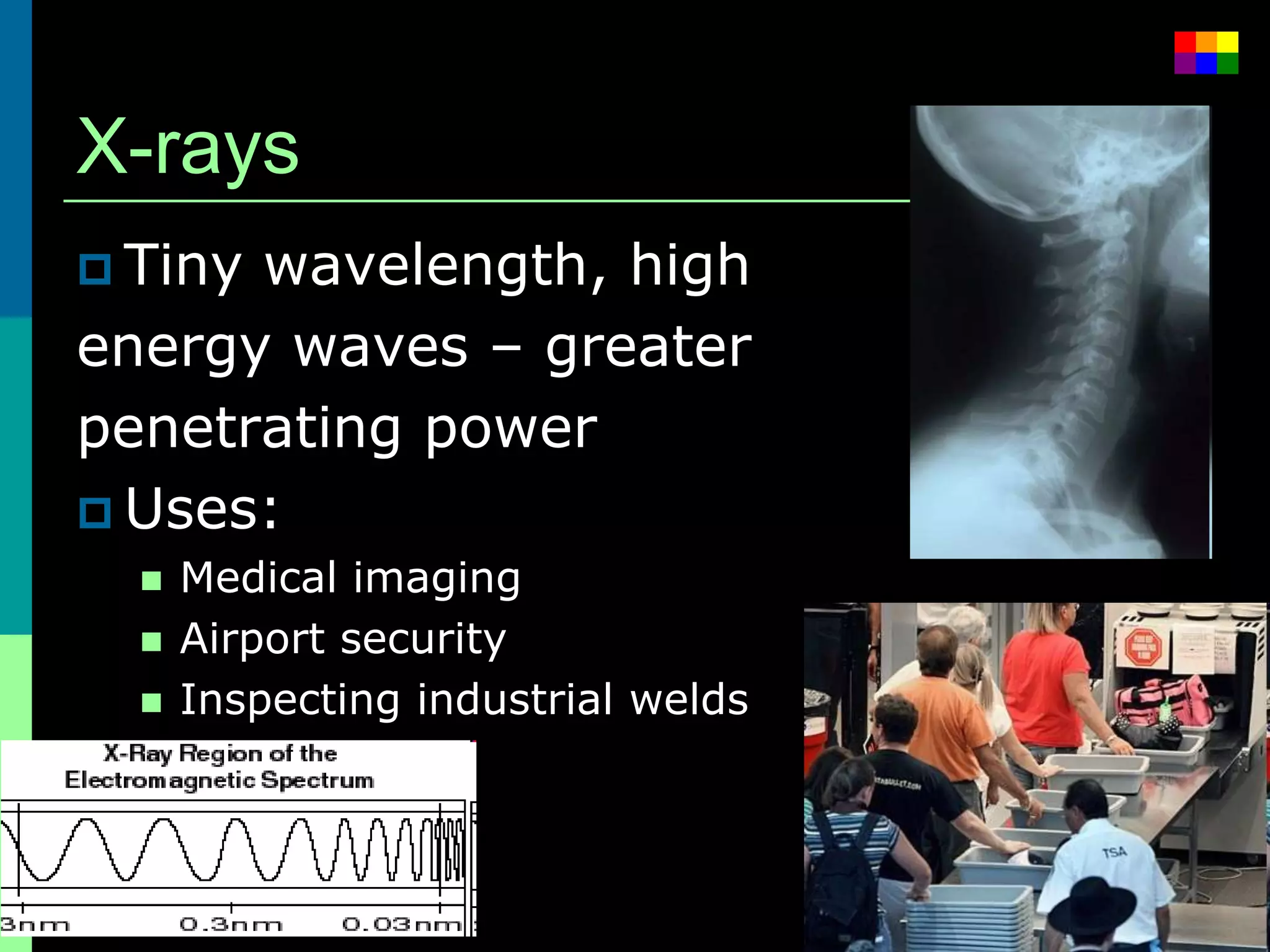 X-rays
 Tinywavelength, high
energy waves – greater
penetrating power
 Uses:
     Medical imaging
     Airport security
     Inspecting industrial welds
 