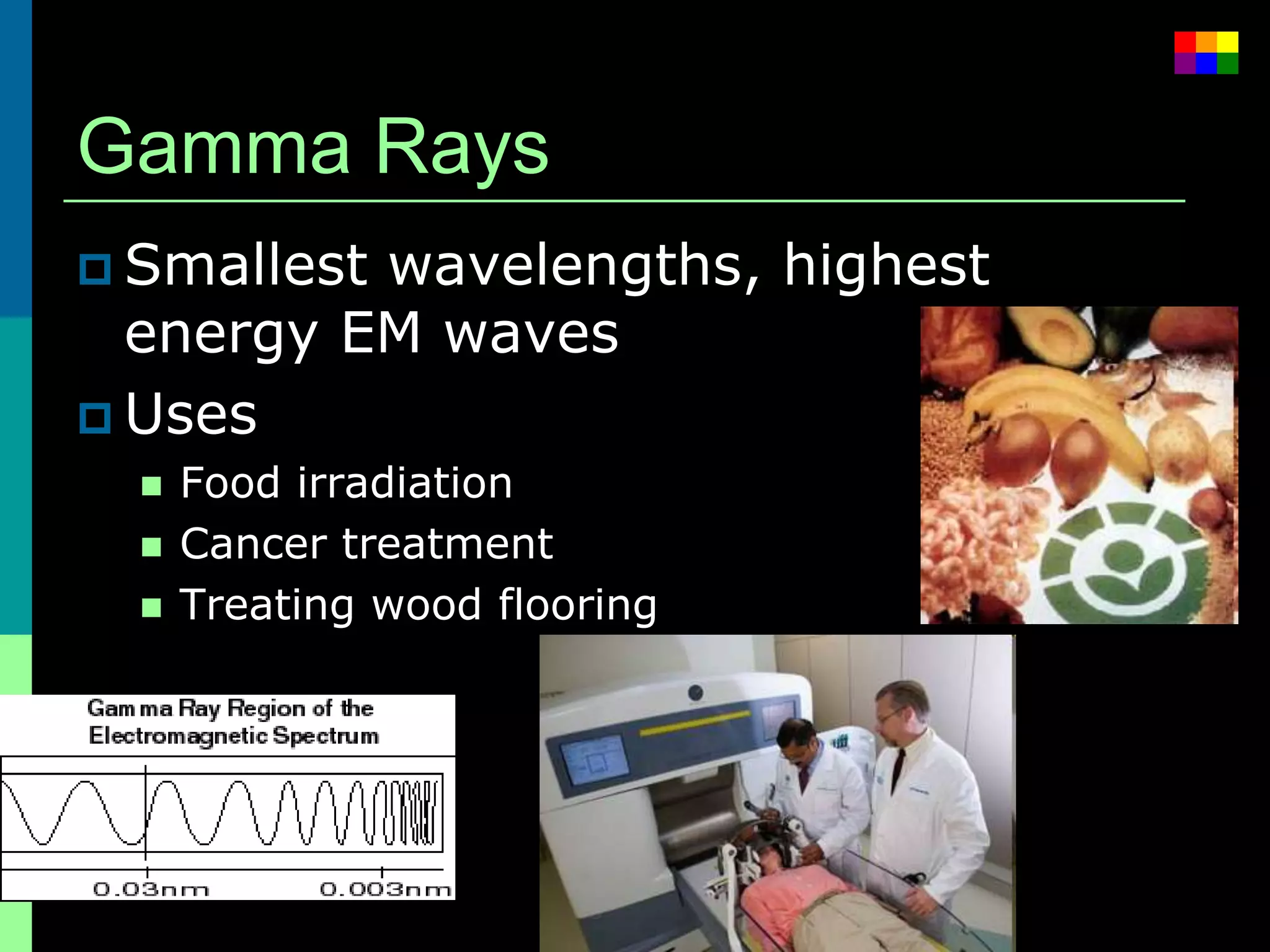 Gamma Rays
 Smallestwavelengths, highest
  energy EM waves
 Uses
     Food irradiation
     Cancer treatment
     Treating wood flooring
 