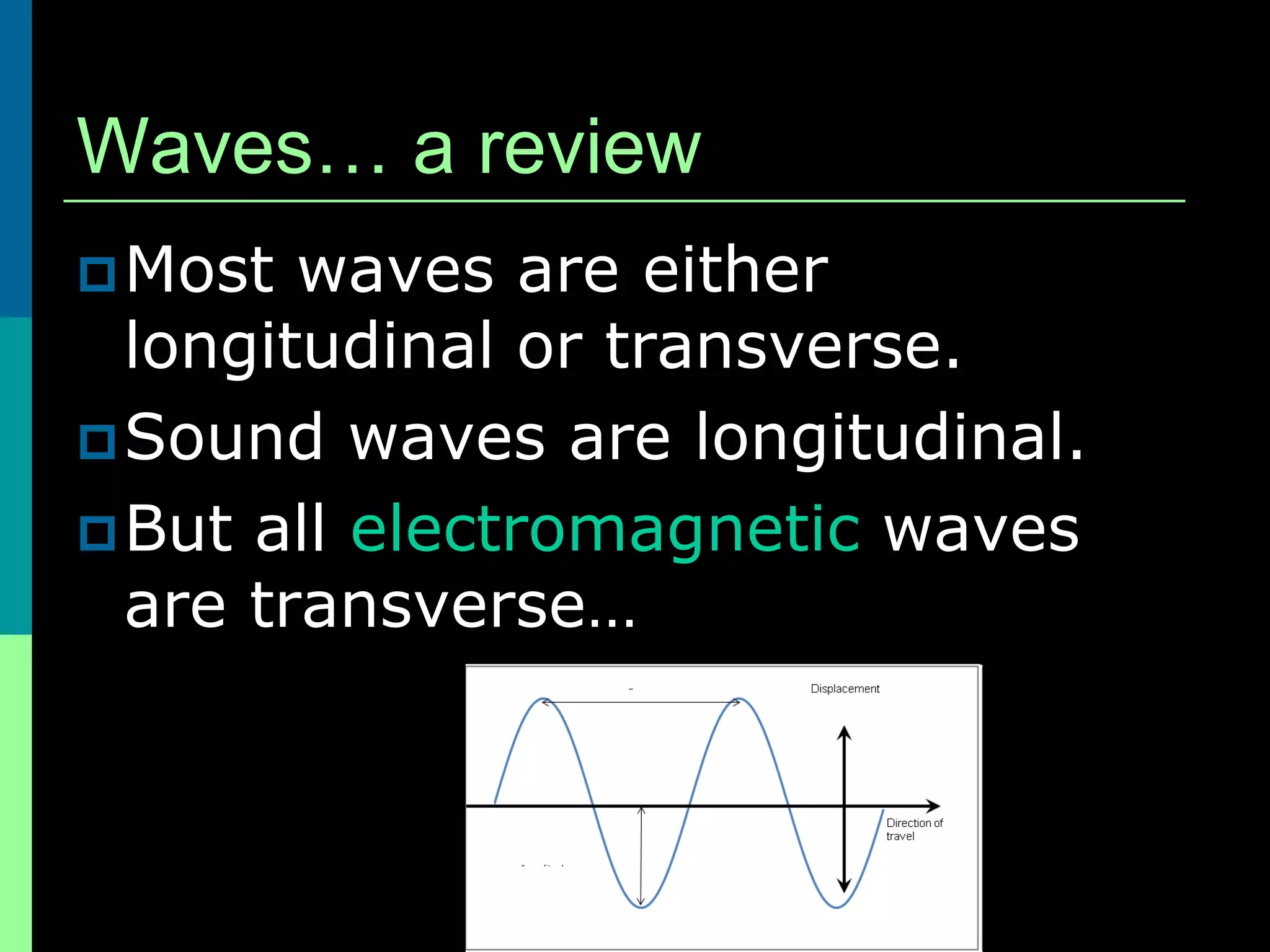 Waves… a review
 Most  waves are either
  longitudinal or transverse.
 Sound waves are longitudinal.
 But all electromagnetic waves
  are transverse…
 
