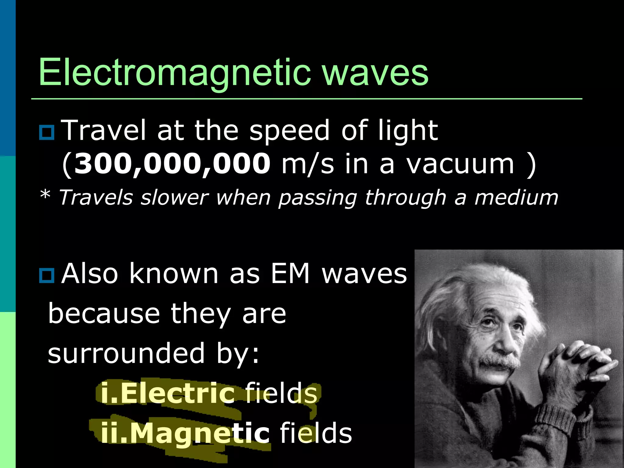 Electromagnetic waves
 Travelat the speed of light
  (300,000,000 m/s in a vacuum )
* Travels slower when passing through a medium


 Also known as EM waves
because they are
surrounded by:
    i.Electric fields
    ii.Magnetic fields
 