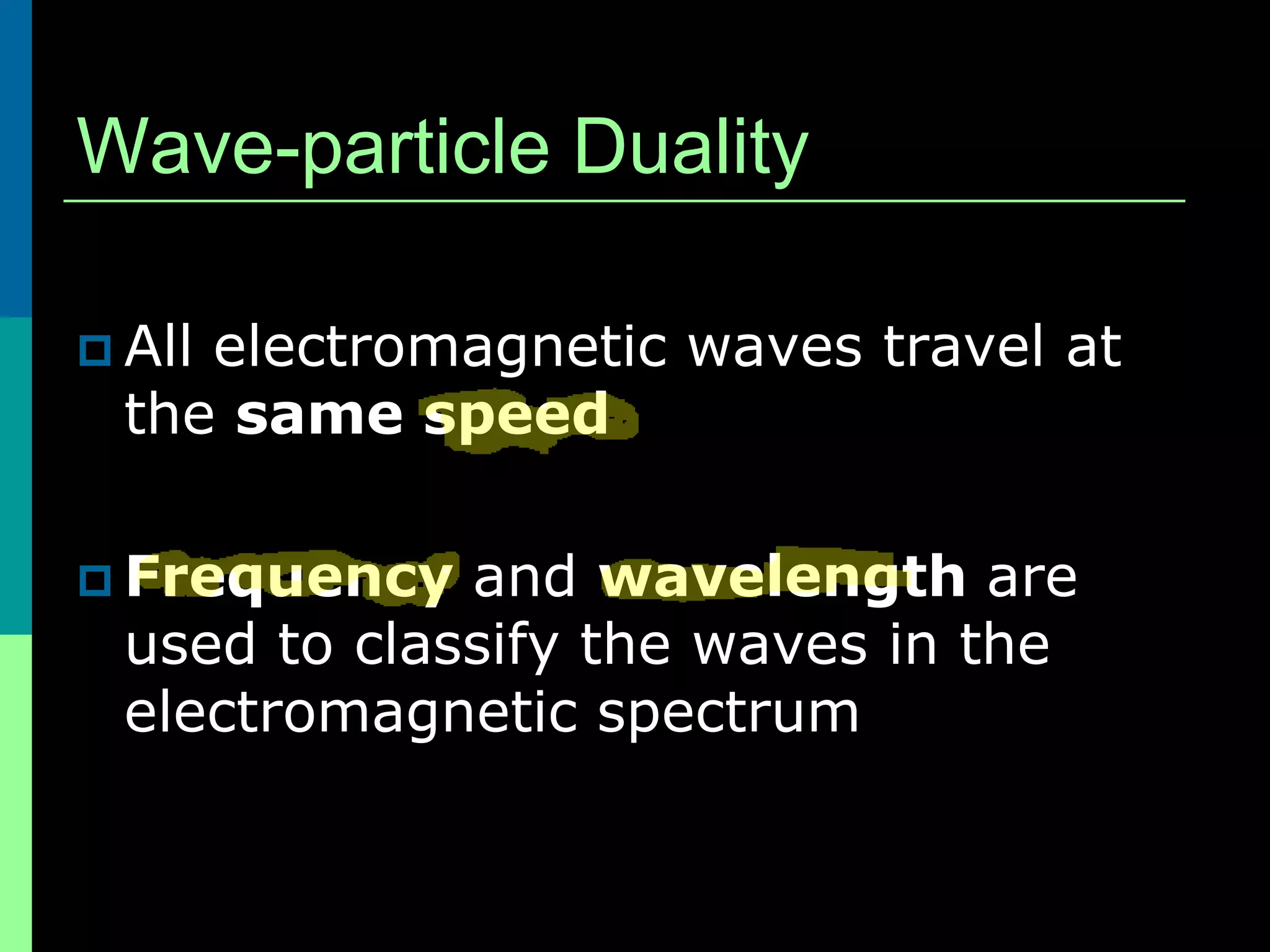 Wave-particle Duality

 Allelectromagnetic waves travel at
  the same speed

 Frequency   and wavelength are
  used to classify the waves in the
  electromagnetic spectrum
 