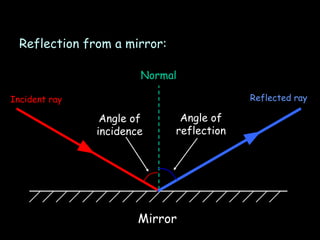 Reflection from a mirror:
Incident ray
Normal
Reflected ray
Angle of
incidence
Angle of
reflection
Mirror
 