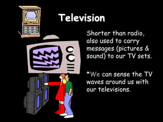 Television
Shorter than radio,
also used to carry
messages (pictures &
sound) to our TV sets.
*We can sense the TV
waves around us with
our televisions.
 