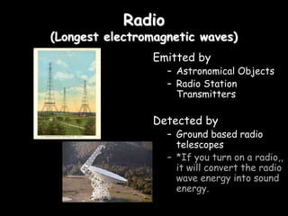 Radio
(Longest electromagnetic waves)
Emitted by
– Astronomical Objects
– Radio Station
Transmitters
Detected by
– Ground based radio
telescopes
– *If you turn on a radio,,
it will convert the radio
wave energy into sound
energy.
 